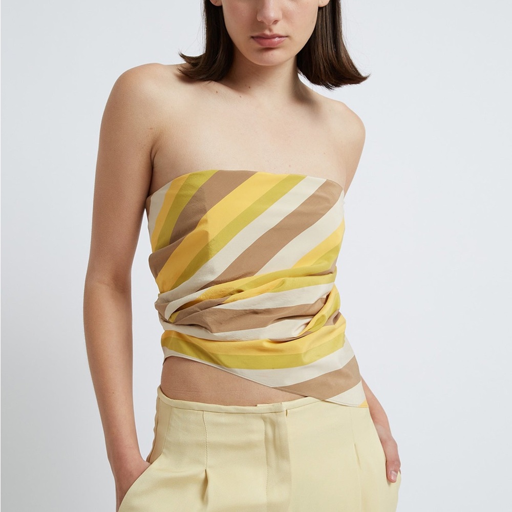 Christopher Esber Silk Nylon Shirting Side Drape Bustier Top in Striped Daylight